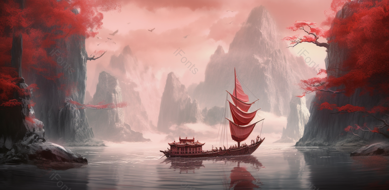 载满人的船只穿越过峡谷手绘中国风意境水墨山水风景画,插画/手绘图,插画/手绘图库,插画/手绘图下载,插画/手绘